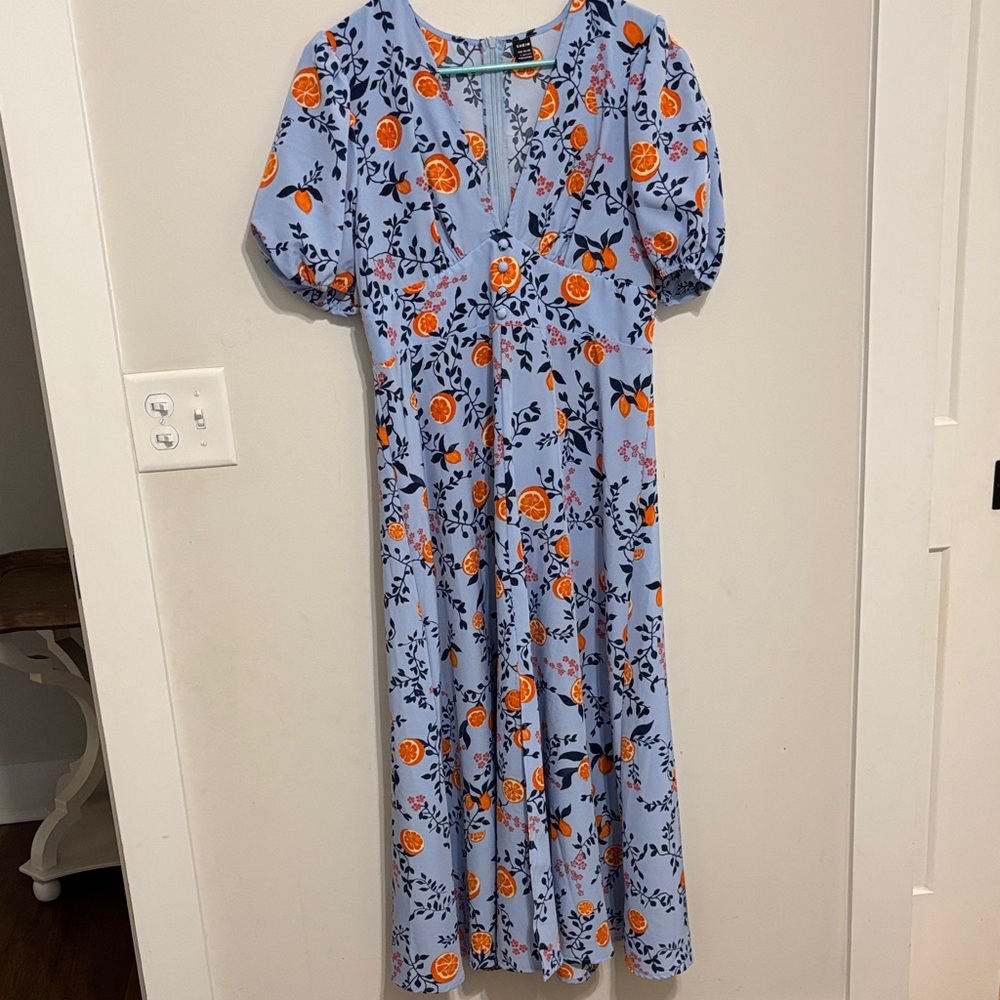 SHEIN Light Blue Maxi Dress with Orange Floral Citrus Print